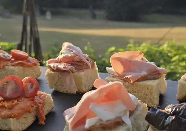 Focaccia canapes served outdoors in the evening sun