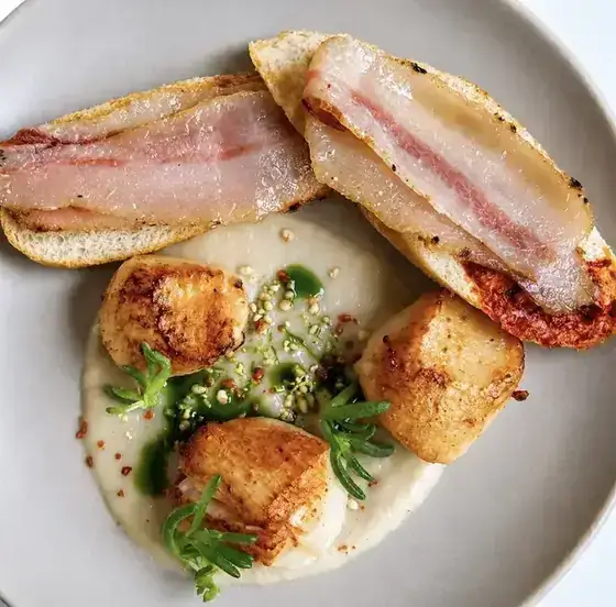 Pan seared scallops with guanciale